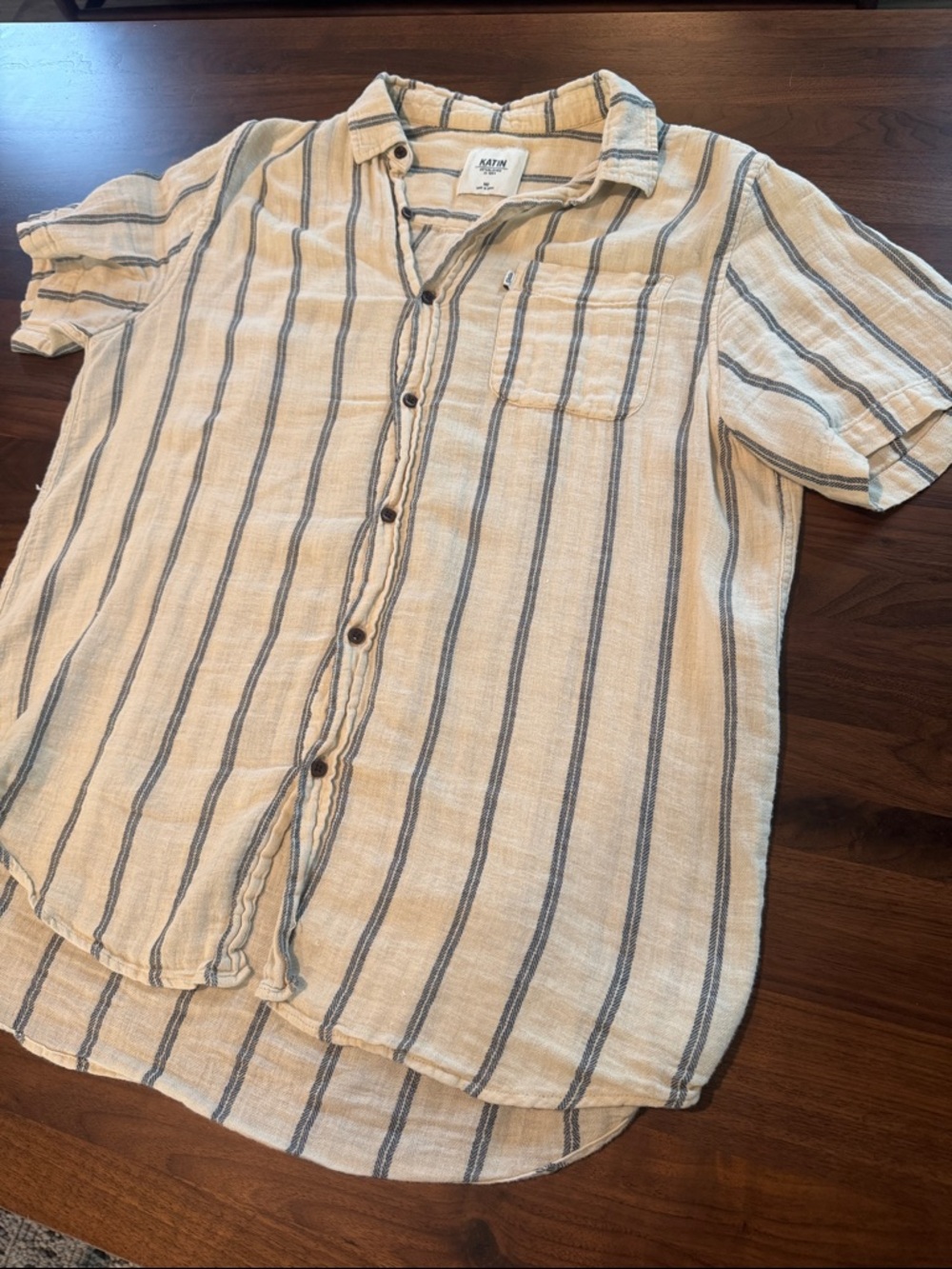 Katin Cream Short-Sleeve Button-Down with Blue Stripes